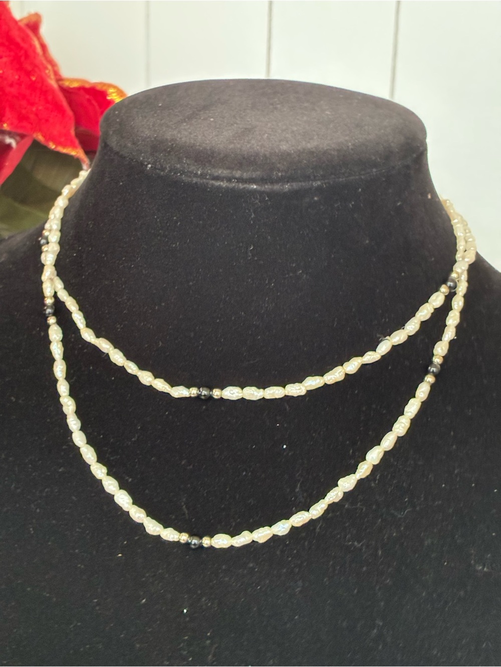 Layered Freshwater Pearl Bead Necklace with Black Accent